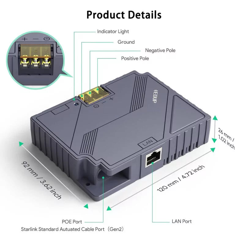 3-in-1 PoE Injector with 9- 36V DC Step-Up Converter for Starlink Gen 2